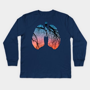 Lungs Tree with Sun Set Design Kids Long Sleeve T-Shirt